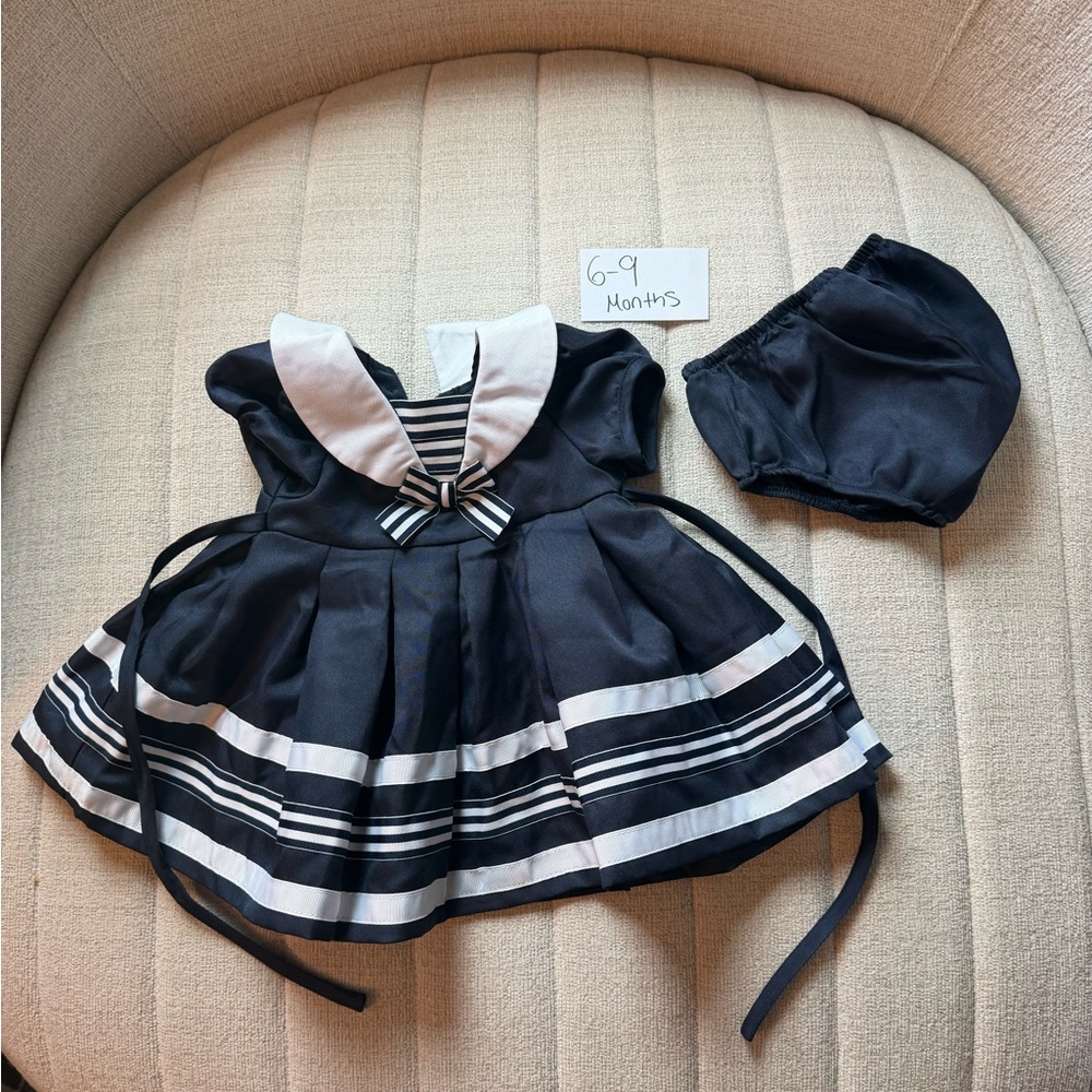 Navy Sailor Baby Dress with Matching Bloomers